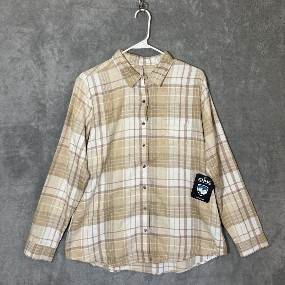NWT KUHL Kamila Flannel Shirt Womens L Copper Beige Plaid Gorpcore Outdoor